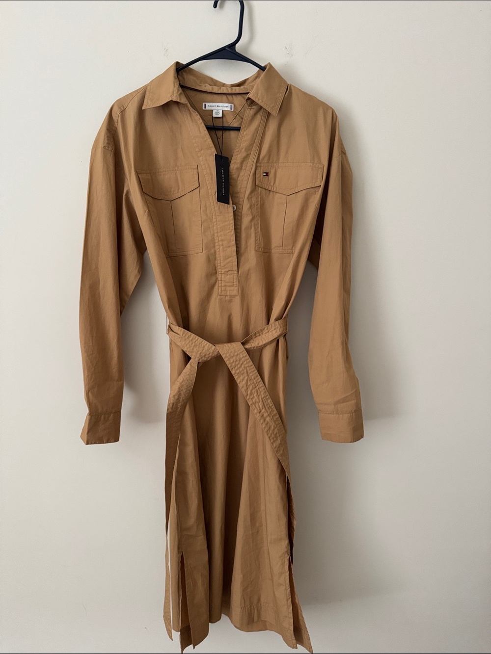 Tommy Hilfiger Camel/Tan Long Sleeve Shirt Dress with Waist Tie